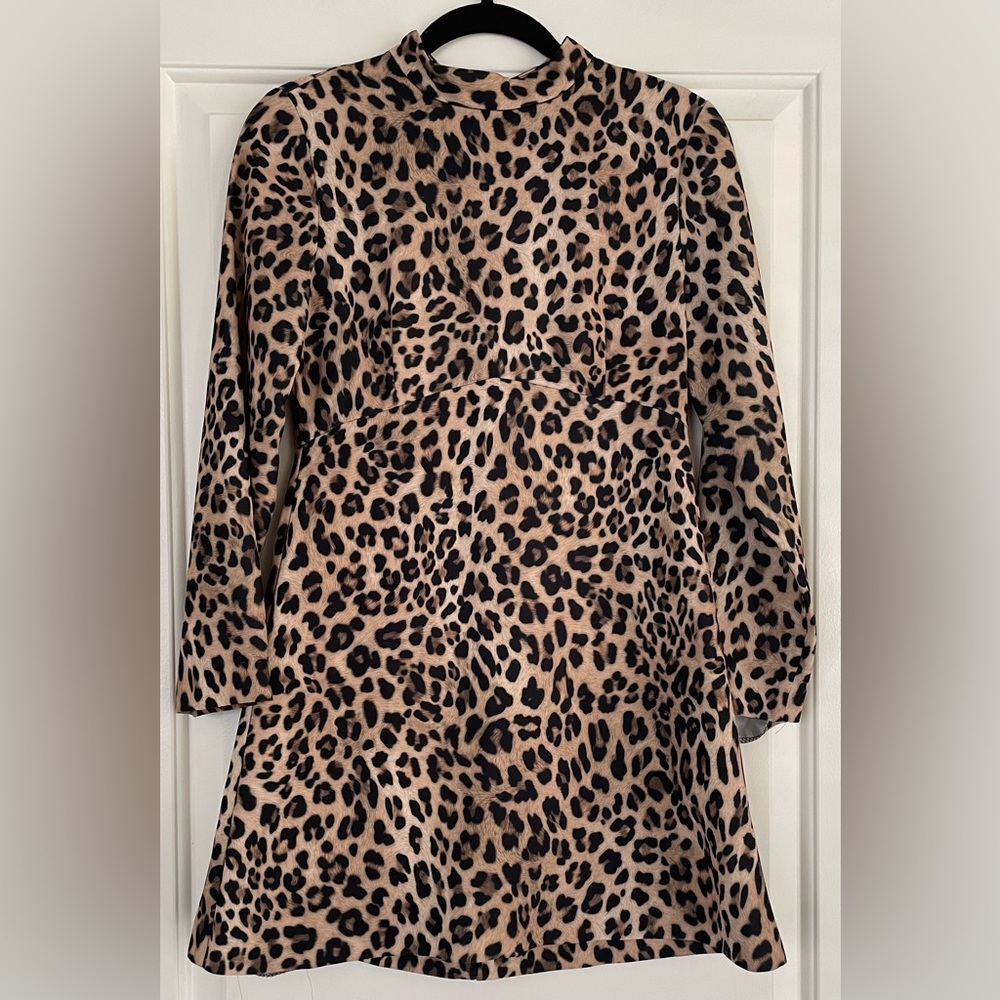 Zara Brown, Black, and Tan Leopard Print Mock Neck Long Sleeve Dress